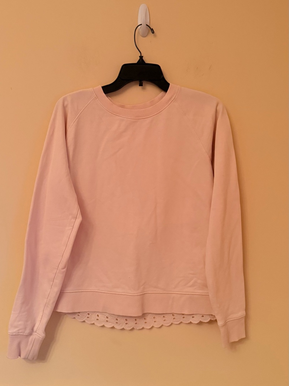 J. Crew Light Pink Eyelet Back Sweatshirt Scallop Hem Size small